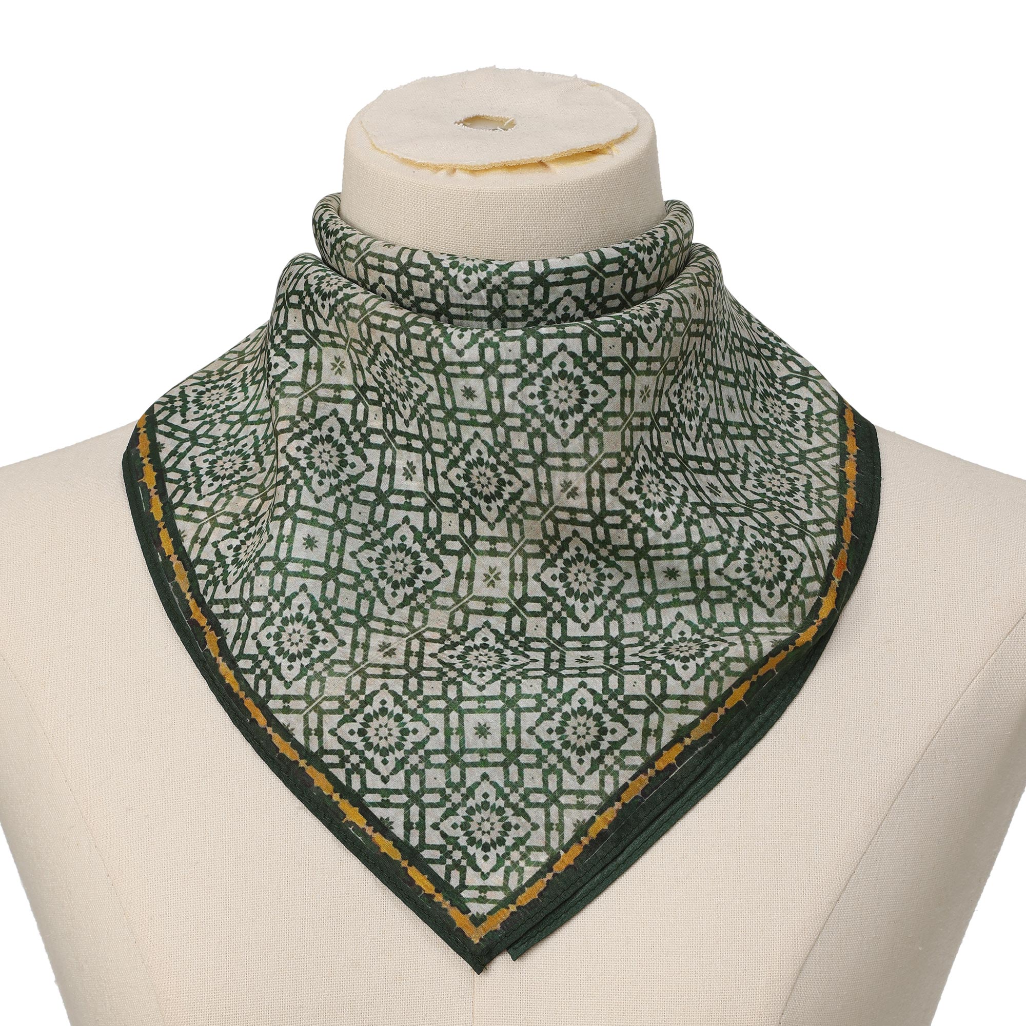 Green Silk Square Scarf Azahar tied at the neck on a mannequin bust