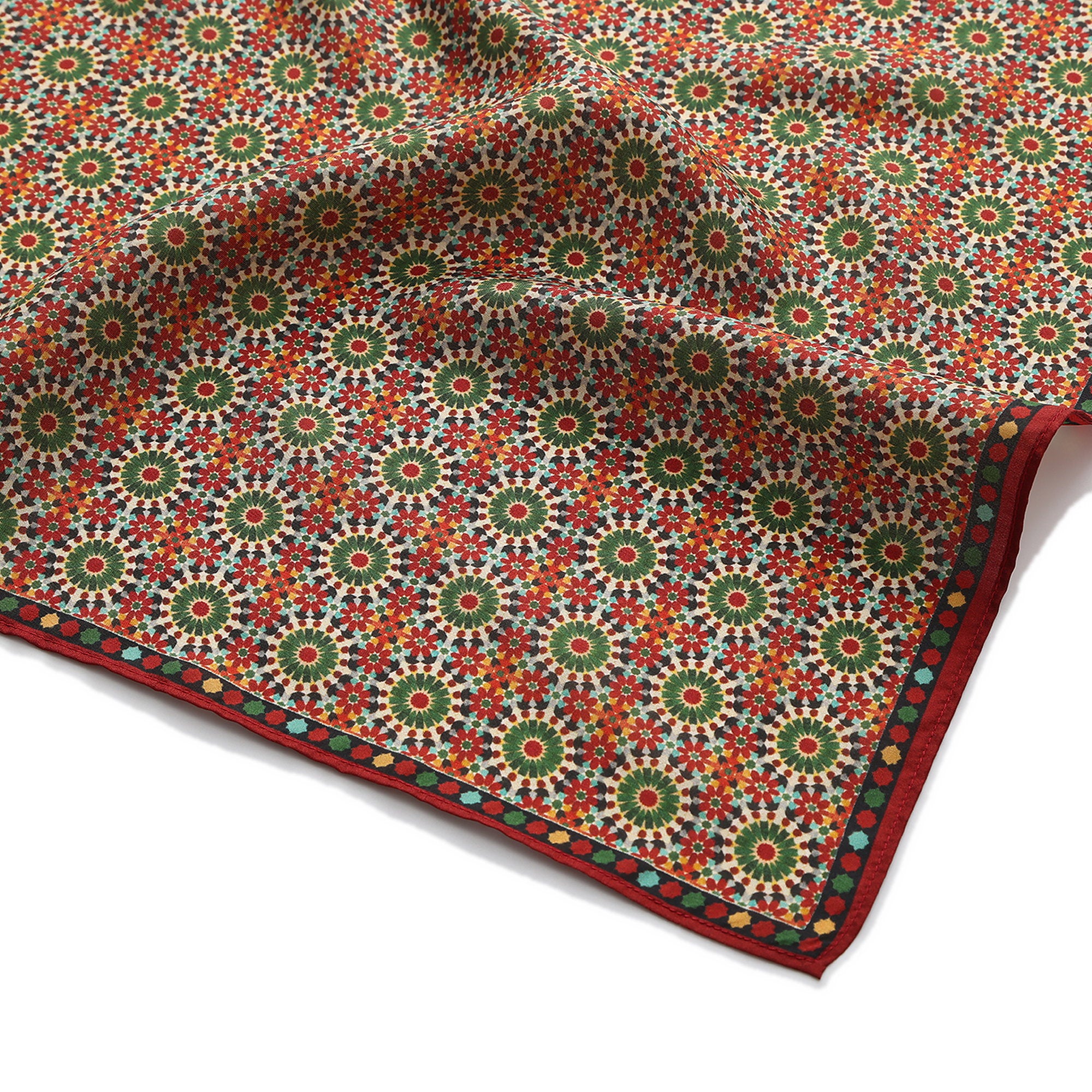 Red and Green Silk Square Scarf Zubaida draped to show how the silk falls