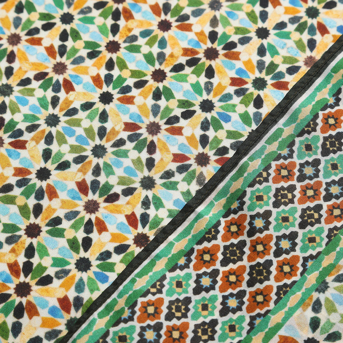 Border and hand-rolled edge detail of the Multicolor Silk Square Scarf Naima