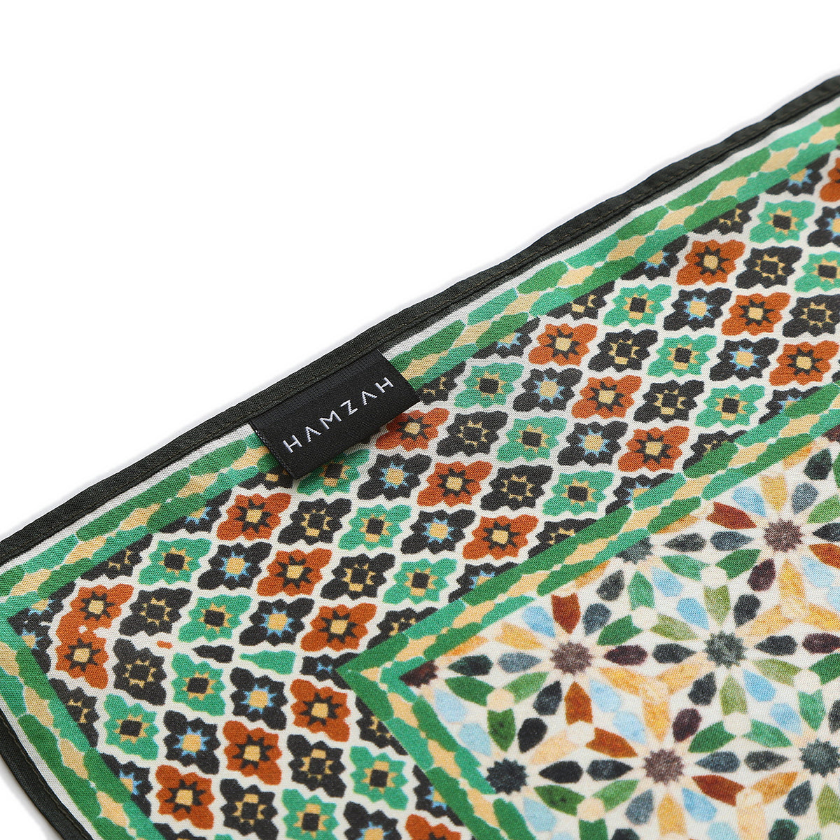 Corner of the Multicolor Silk Square Scarf Naima with the Hamzah woven label