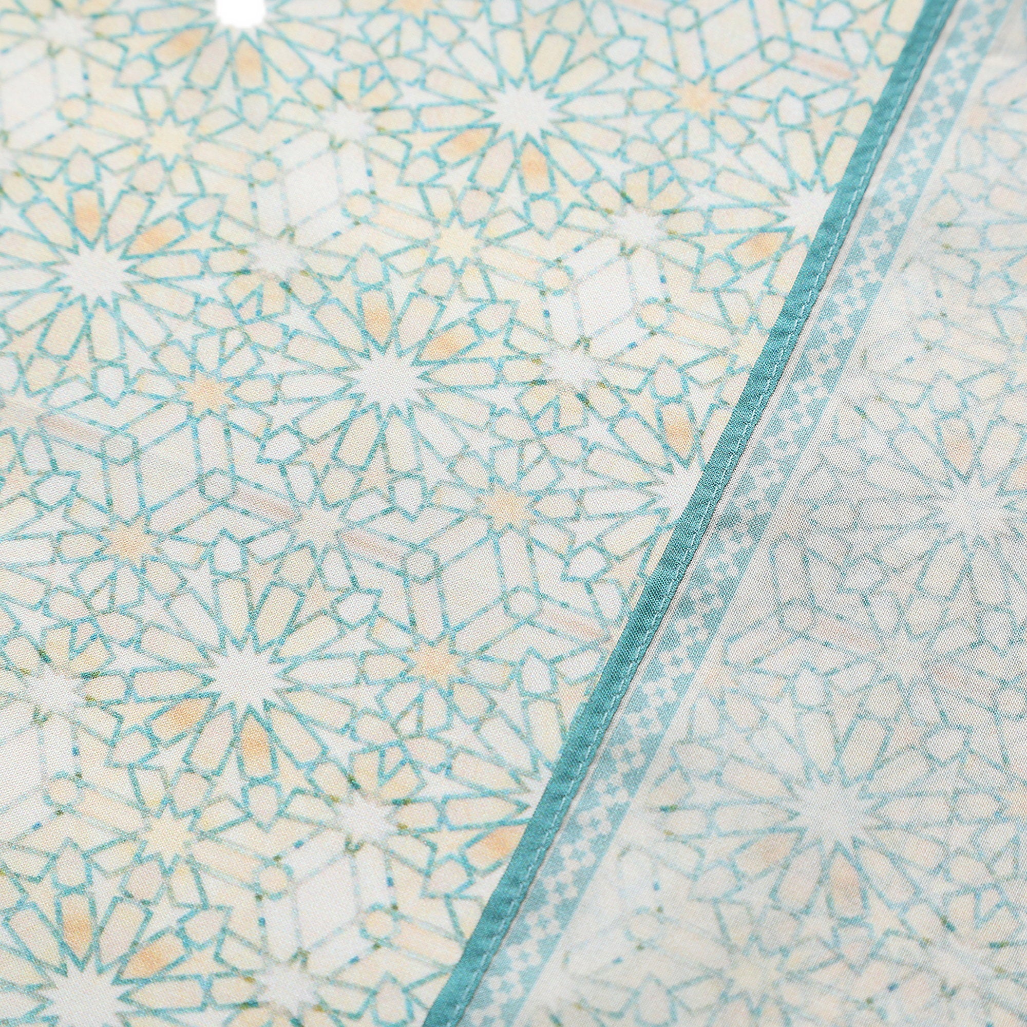 Border and hand-rolled edge detail of the Turquoise Silk Square Scarf Lubna