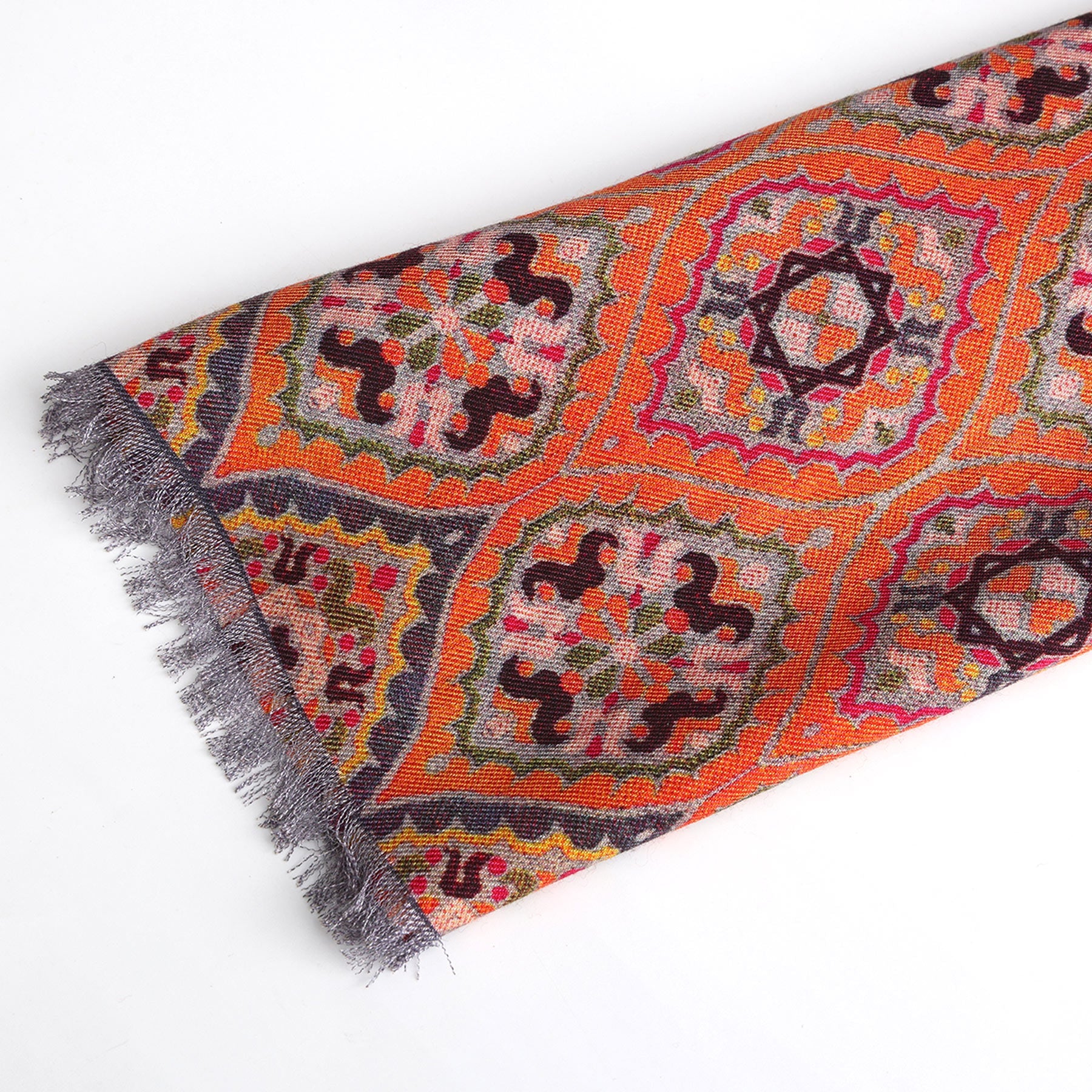 Close-up detail of Nasim double-sided wool and silk scarf design