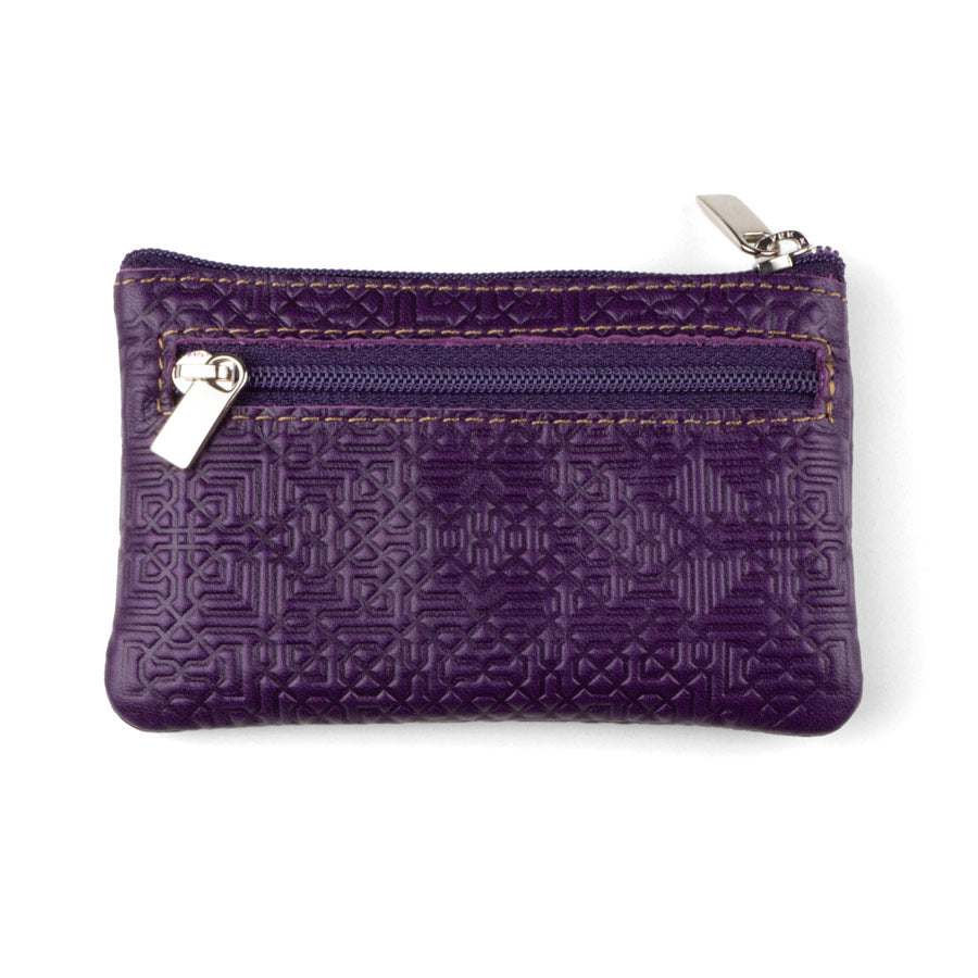 Purple leather coin purse with zippered pockets