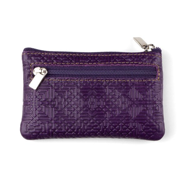 Purple leather coin purse with zippered pockets