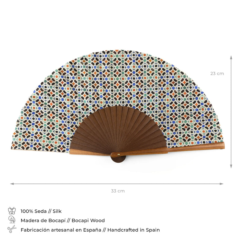 Detail of Islamic art inspired silk hand fan made in Spain