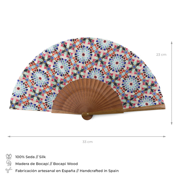 Hand fan made out of silk and natural wood with multicolor print inspired by Islamic Art