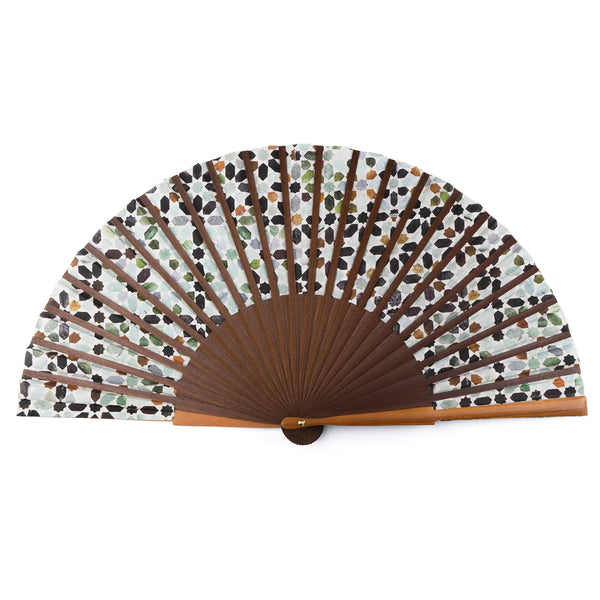Silk hand fan with natural wood and islamic art inspired print