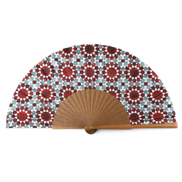 Blue and red silk hand fan inspired by islamic art