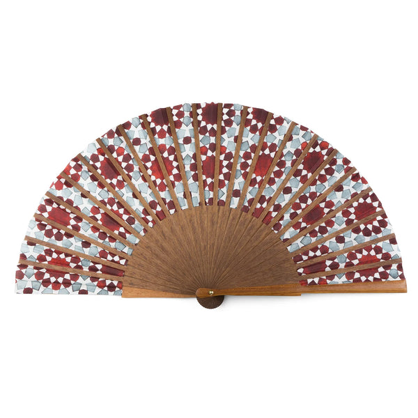 Silk hand fan with real wood and blue and red print inspired by Islamic Art