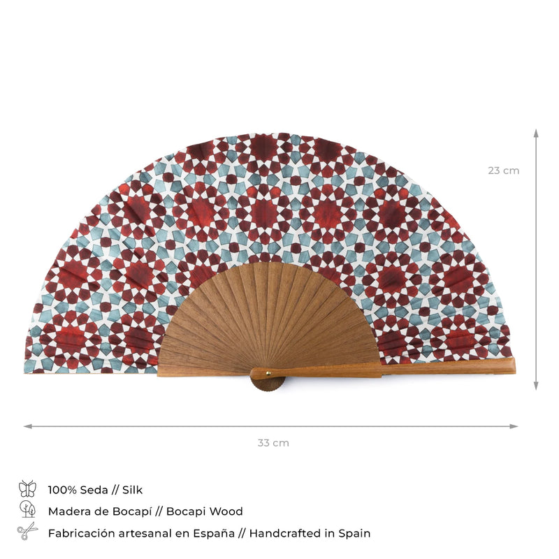 Blue and red silk hand fan inspired by Islamic Geometry art