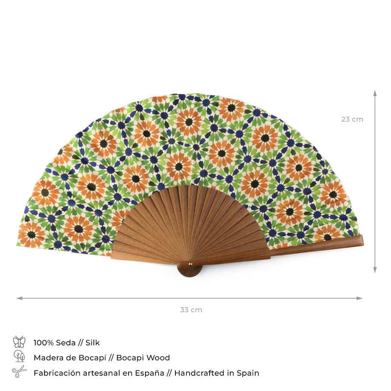 Details of composition and size of multicolored silk fan