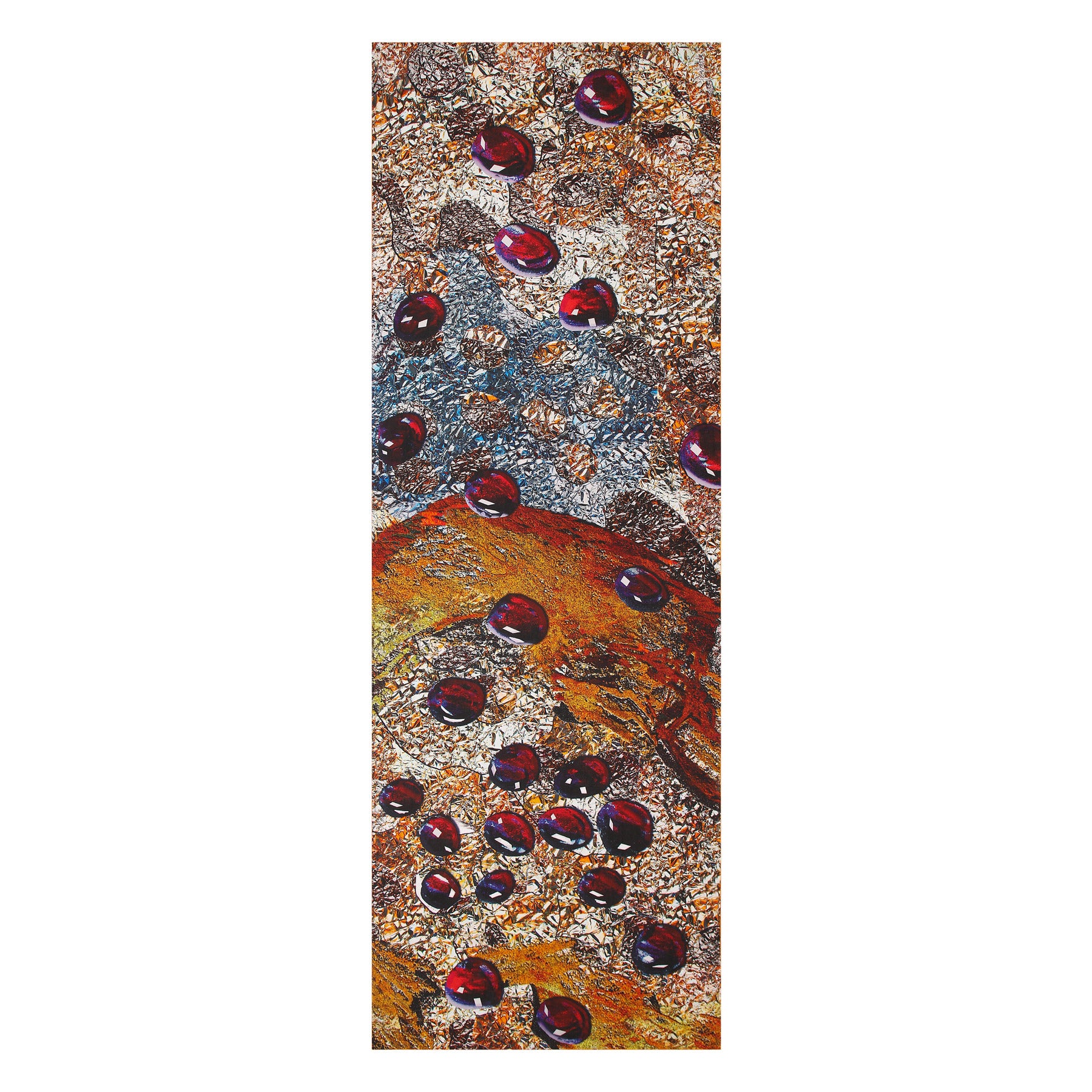 The Habotai Silk Scarf Corazón de Granada features textured brown and rust-orange hues with glossy red pomegranate-like accents, evoking the vibrant charm of Mediterranean wearable art.