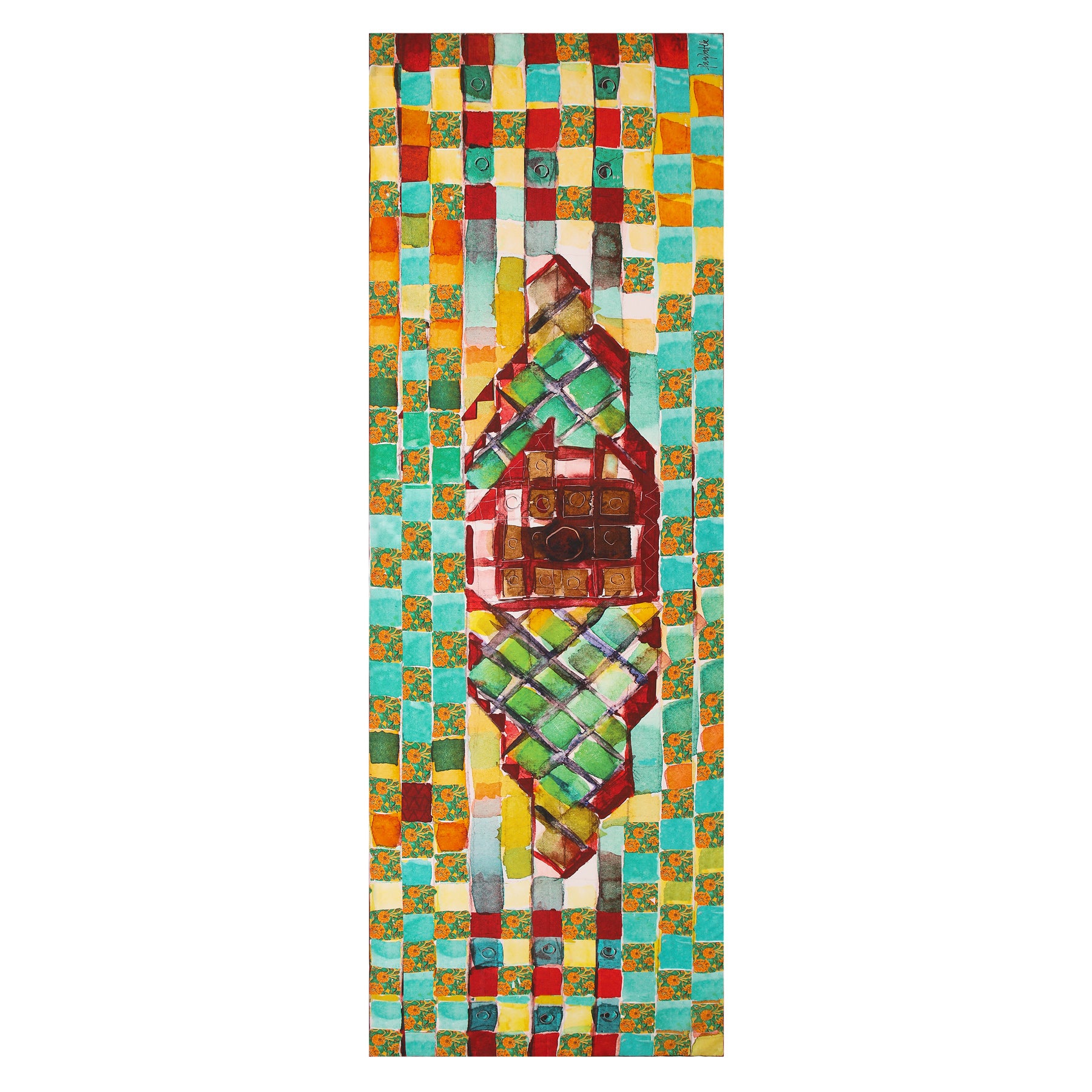A vibrant abstract design of turquoise, yellow, orange, and red checkered squares with a central house motif inspires the Gaudí inspired Silk Scarf La Mirada—perfect for fans of Mediterranean wearable art.