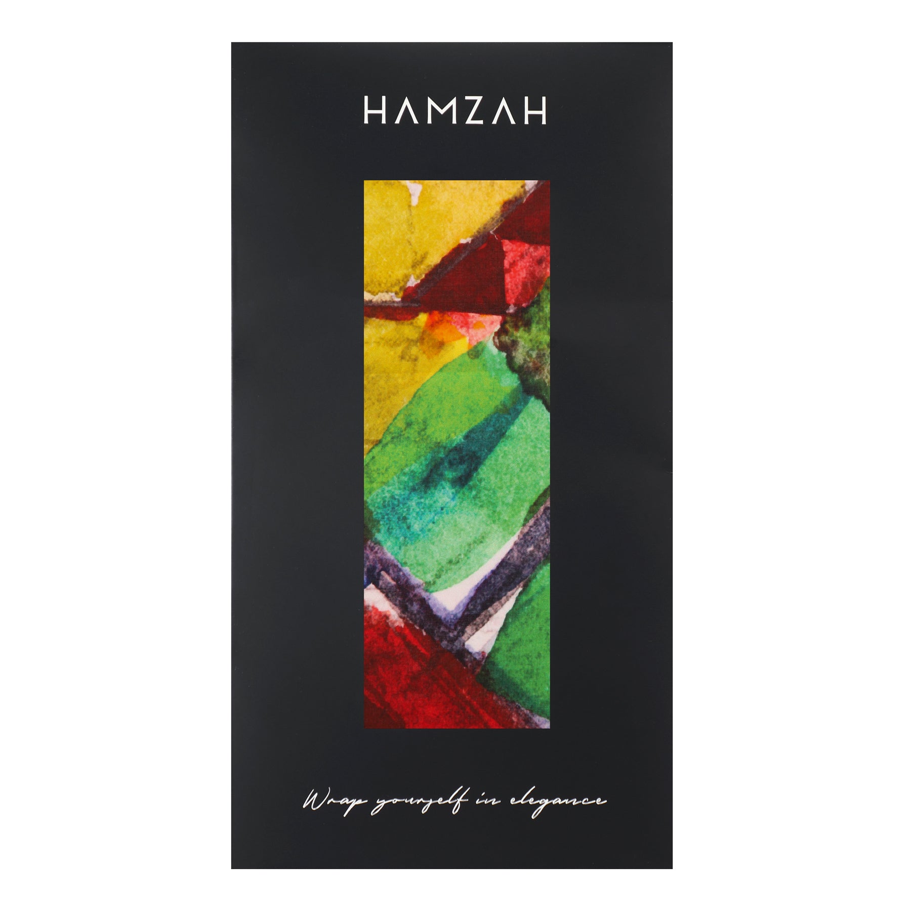 A black rectangular package with “HAMZAH” at the top, a Gaudí-inspired abstract design, and “Wrap yourself in elegance” in cursive encloses the Mediterranean wearable art: the Gaudí inspired Silk Scarf La Mirada in habotai silk.