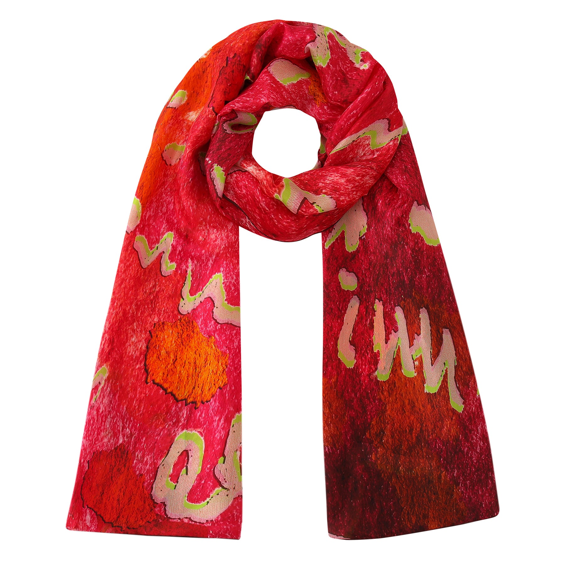 The Fuchsia Silk Scarf for Women is a long, rectangular habotai silk scarf featuring a vibrant abstract pattern in red, pink, orange, and green. Loosely coiled at the center, it beautifully showcases its colorful Mediterranean-inspired design.