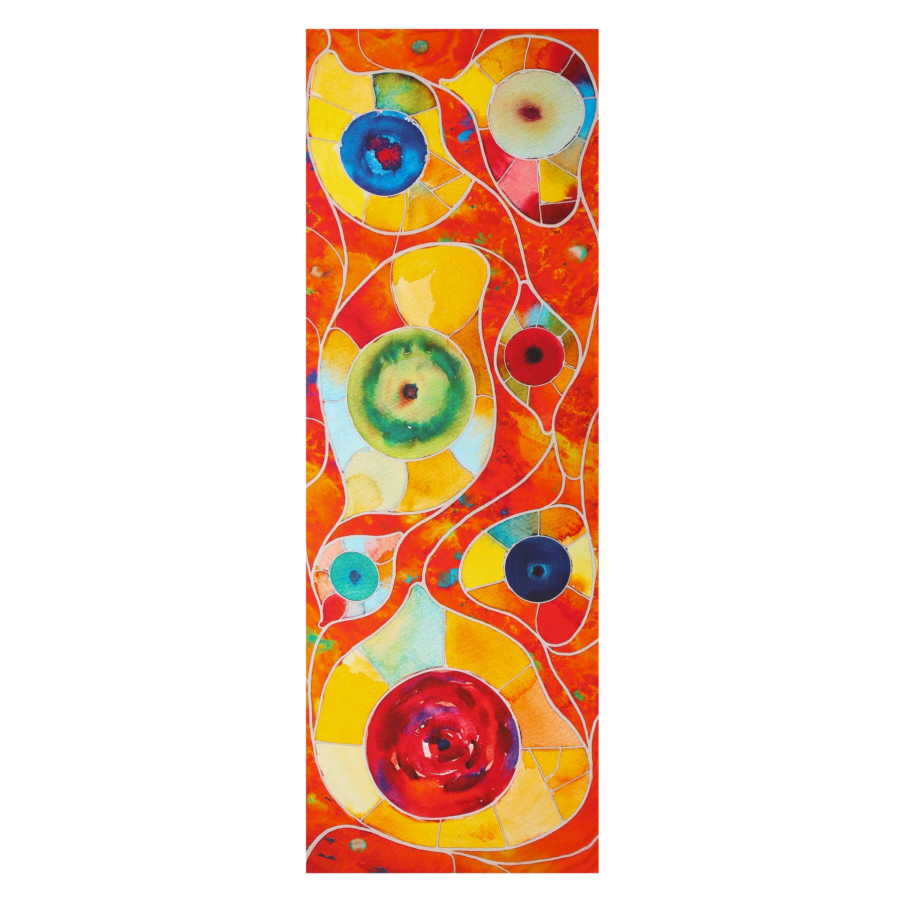 Dynamic abstract artwork with vibrant red, green, blue, and yellow circles on an orange background and curving white lines. Perfect as the Multicolor Silk Shawl for Women—a bold Mediterranean-inspired wearable piece.