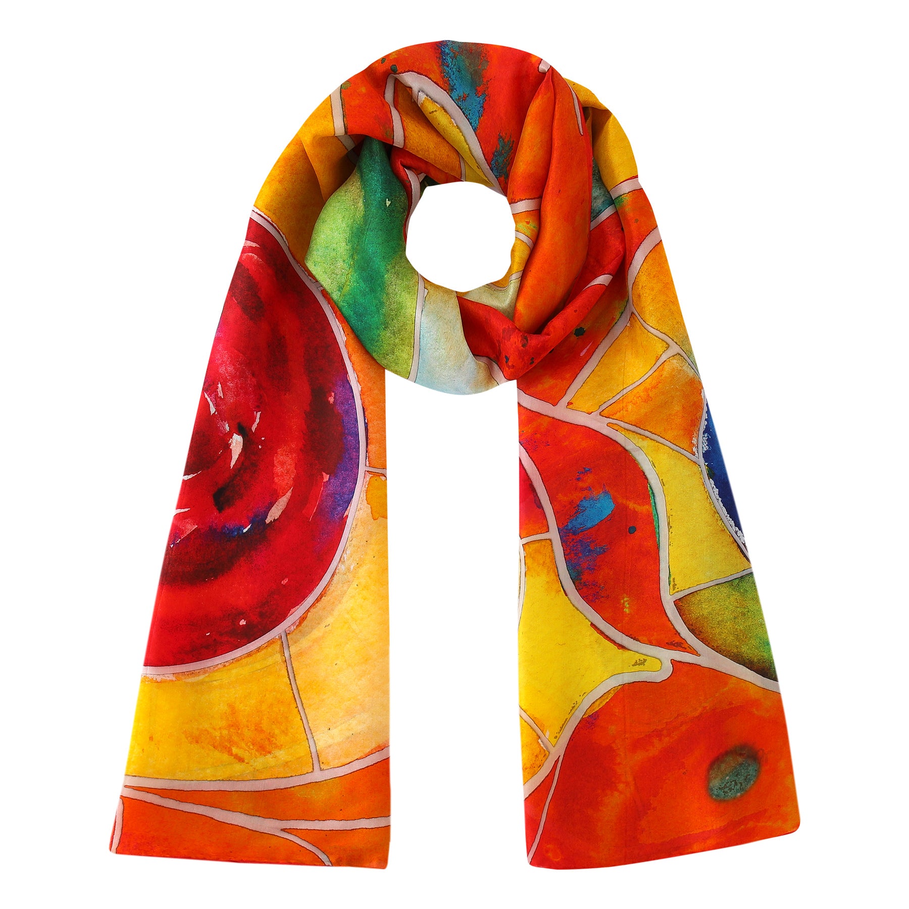 The Multicolor Silk Shawl for Women features a bold, abstract pattern in vibrant red, orange, yellow, green, and blue organic shapes, creating a wearable artwork inspired by stained glass.