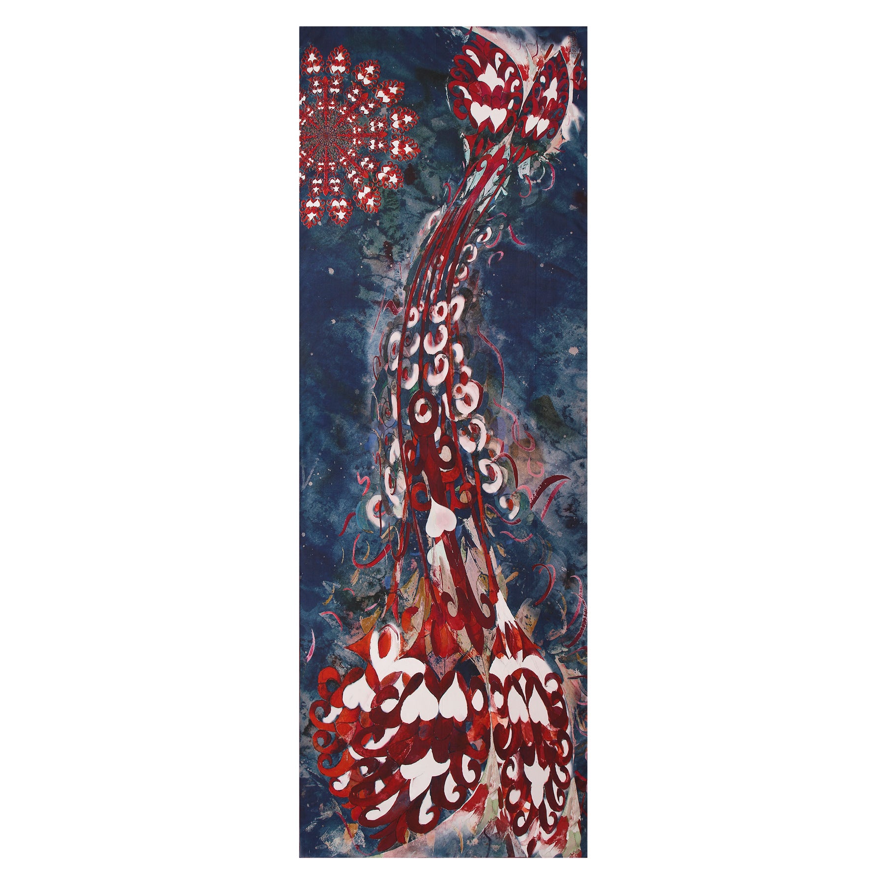 Navy Blue Silk Scarf Plumas al Viento features swirling red, white, and orange forms like petals or flames on a dark blue background, with a circular cluster of red and white shapes in the upper left corner.