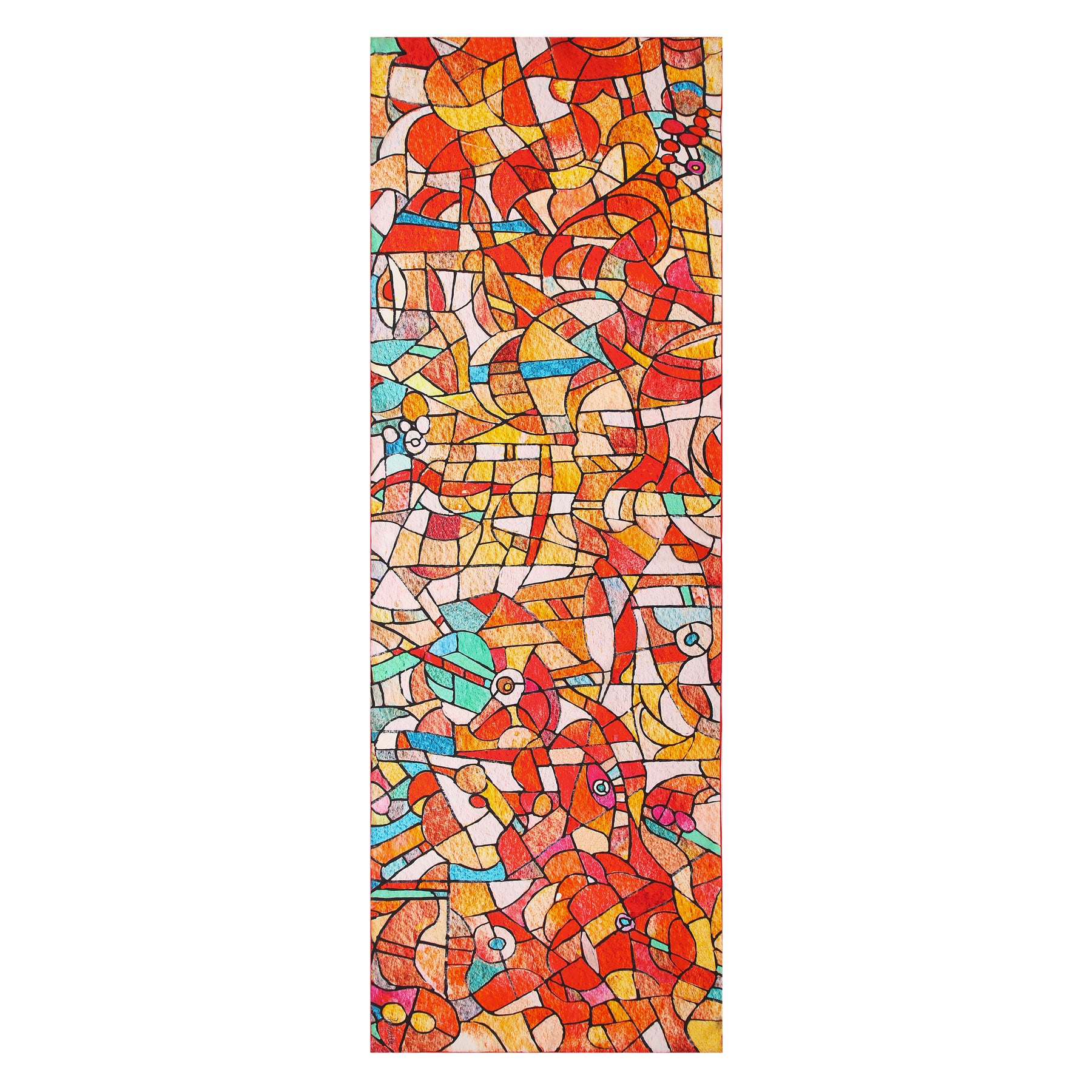 The Artistic Silk Scarf Vitrales de Luz features a vibrant mosaic of red, orange, yellow, blue, and white geometric shapes and lines in an abstract, stained-glass-inspired rectangular design—perfect for a Mediterranean accessory.