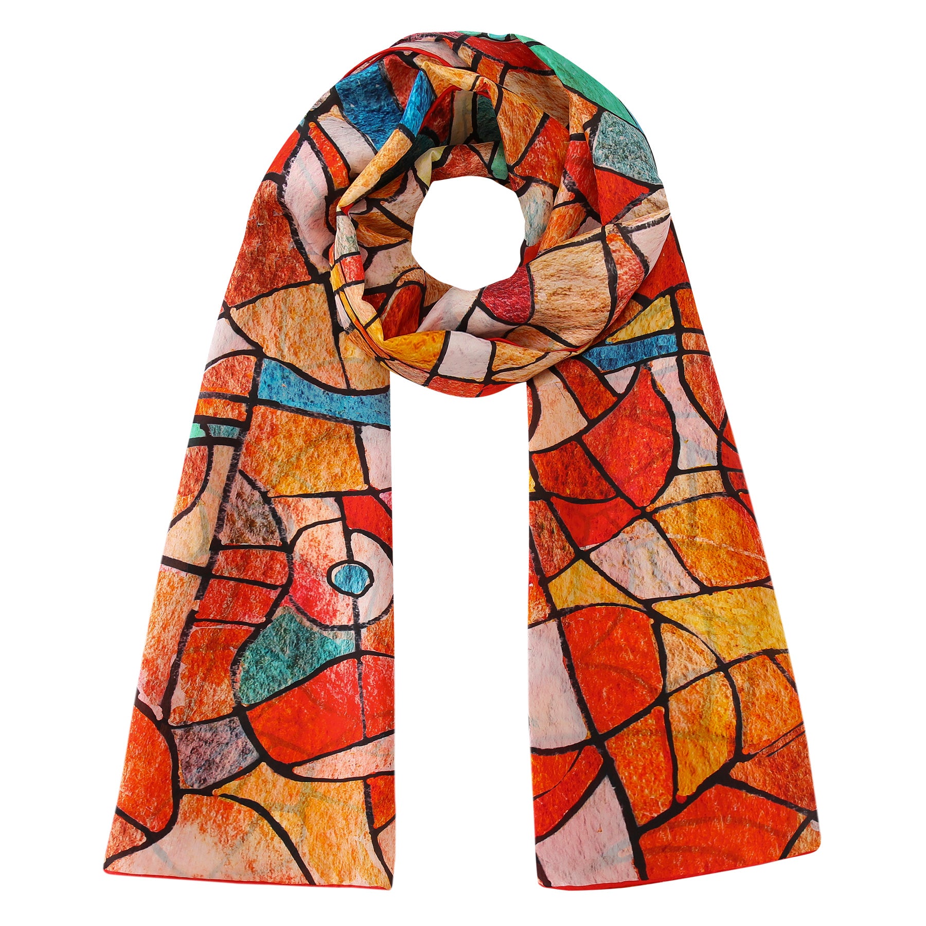 The Artistic Silk Scarf Vitrales de Luz features a vibrant abstract stained glass pattern in orange, red, blue, and yellow—wearable artwork that adds a colorful touch to any outfit.