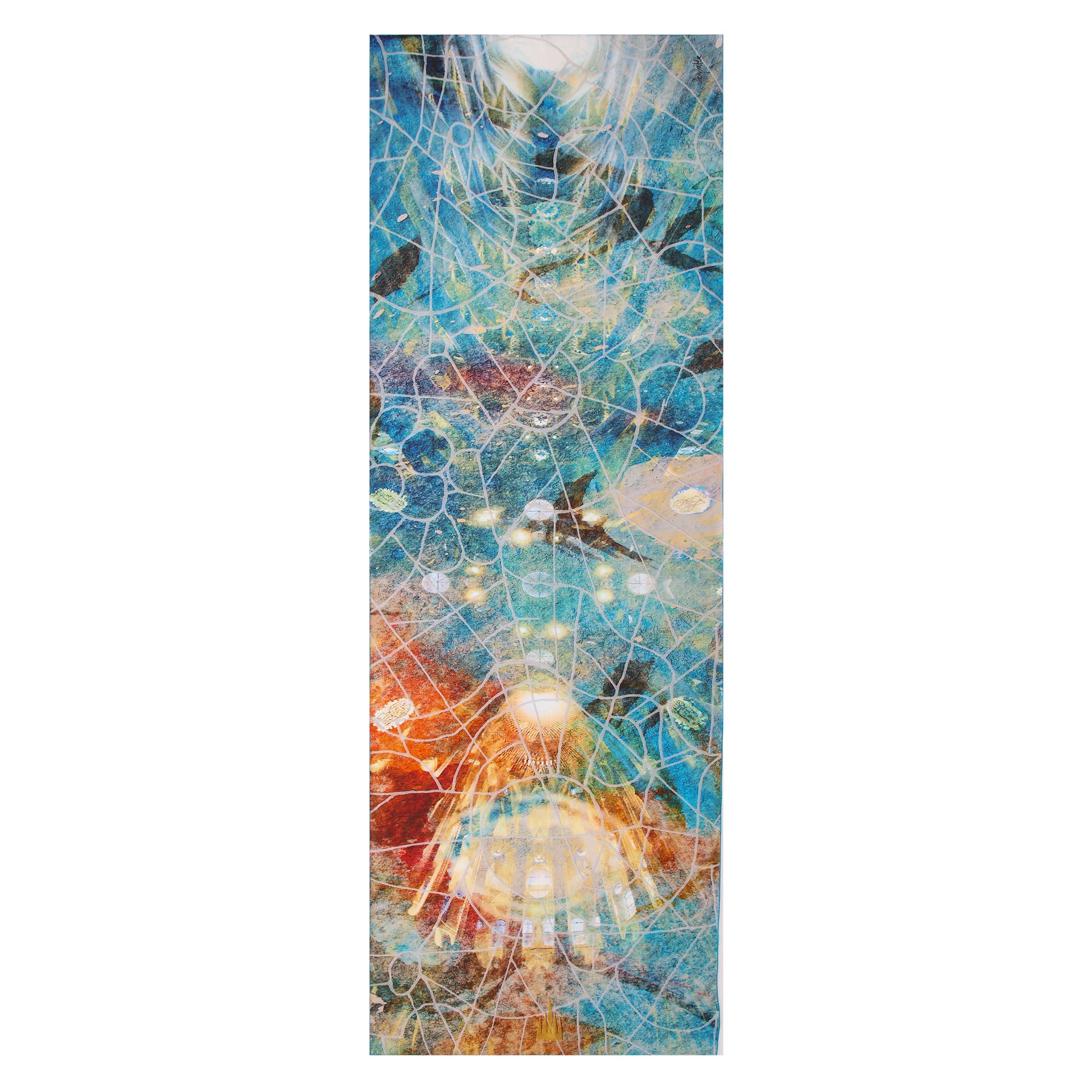 The Artisan Silk Scarf Estrellas del Templo features blue and orange hues, designed as wearable artwork inspired by the vibrant colors of the Mediterranean.