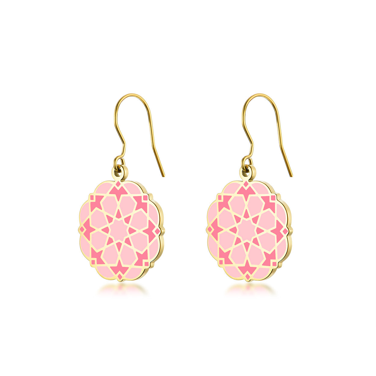 Pink and gold earrings with islamic motifs