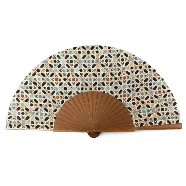 Islamic geometry inspired silk and wood multicolored hand fan