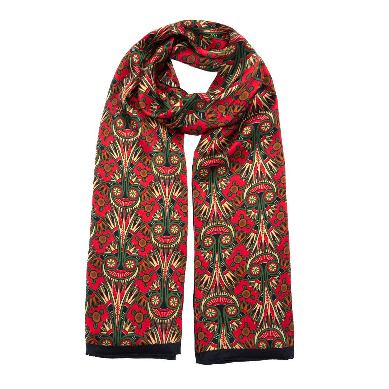 Long red art nouveau scarf gracefully draped, highlighting its elaborate green and gold motifs for an elegant statement piece