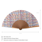 Details of composition and size of Spanish tile inspired silk hand fan
