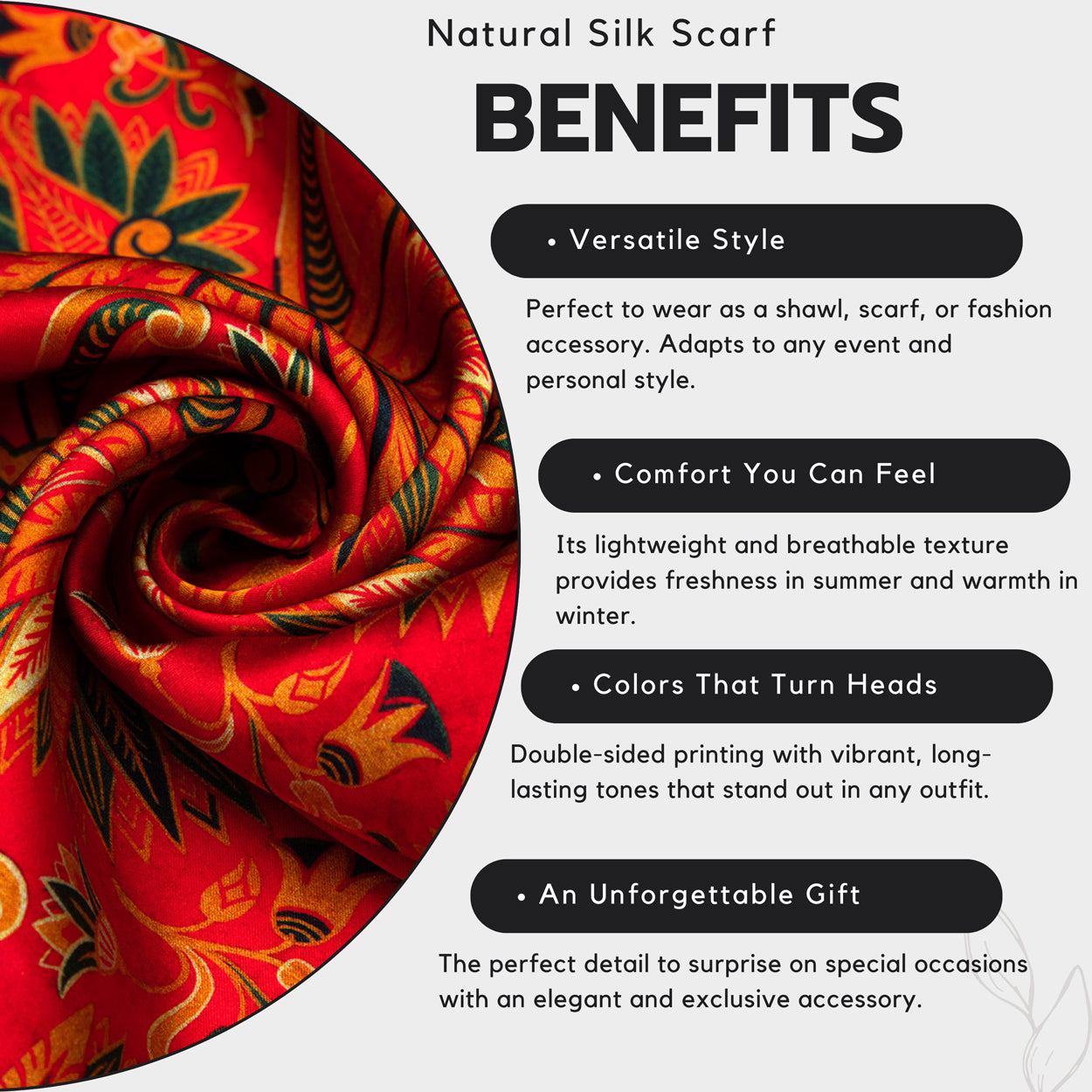 Infographic showing a red silk scarf with ornate floral patterns on the left, plus four bullet-point benefits of silk: versatile style, comfort, vibrant colors, and an unforgettable gift.