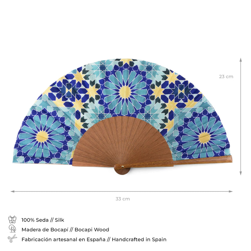Islamic art inspired silk hand fan with size and composition