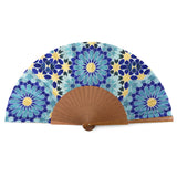 Blue and Gold Silk Fan with wood made in Spain