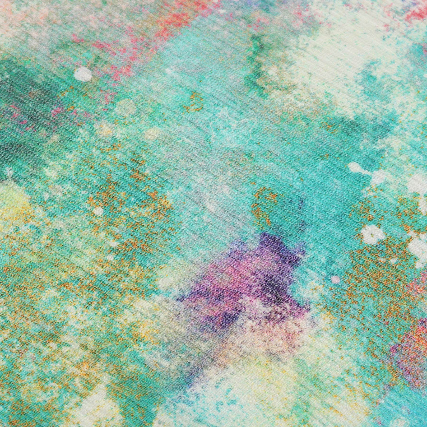 Inspired by abstract watercolor splashes in teal, turquoise, yellow, pink, and purple, the Natural Silk Scarf Mundos Ocultos transforms vibrant art into a textured muslin silk accessory—turning every wear into a unique canvas.