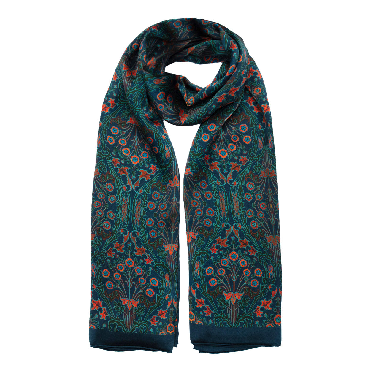 Long teal silk scarf adorned with red and orange floral print, casually draped to showcase its refined design and vivid colors.