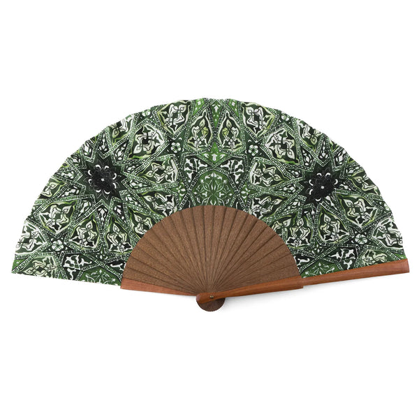 Green silk fan with Islamic art print and wood