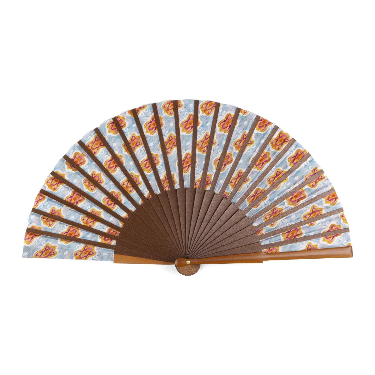 Fully opened silk fan showcasing intricate Ikat patterns in bold colors.