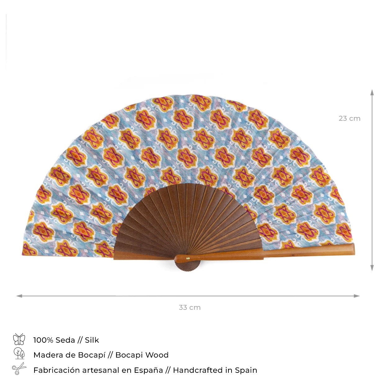 Handcrafted Ikat-inspired silk fan with dimensions, made from 100% silk and Bocapi wood.