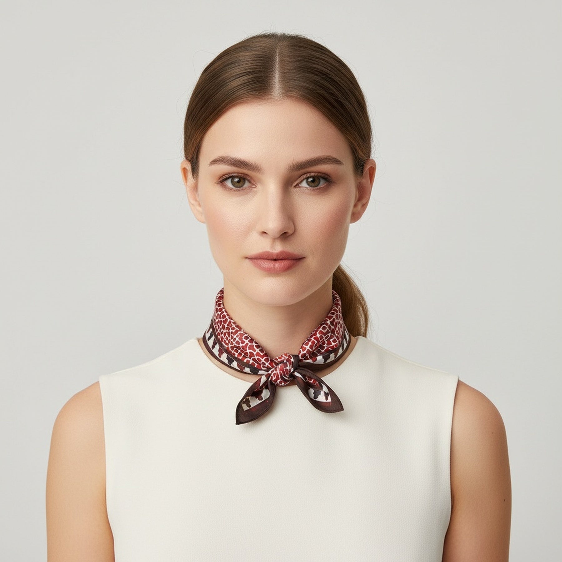 A woman with straight brown hair pulled back wears a white sleeveless top and a Red Square Scarf 100% Silk tied around her neck. She faces forward with a neutral expression against a plain light background.