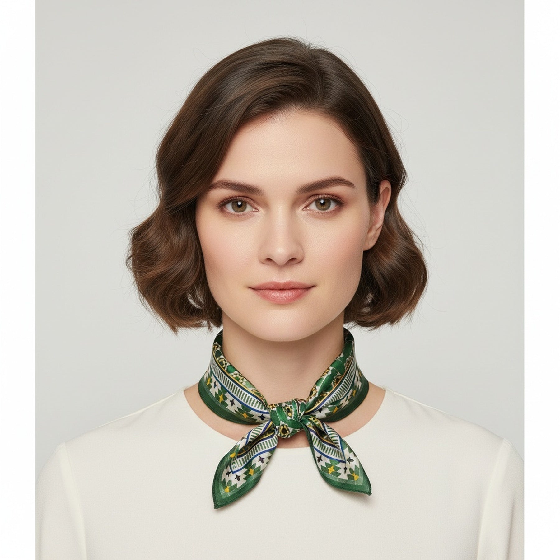 A woman with short brown hair wears a white top and the Green Square Scarf Silk tied around her neck, looking directly at the camera against a plain background.