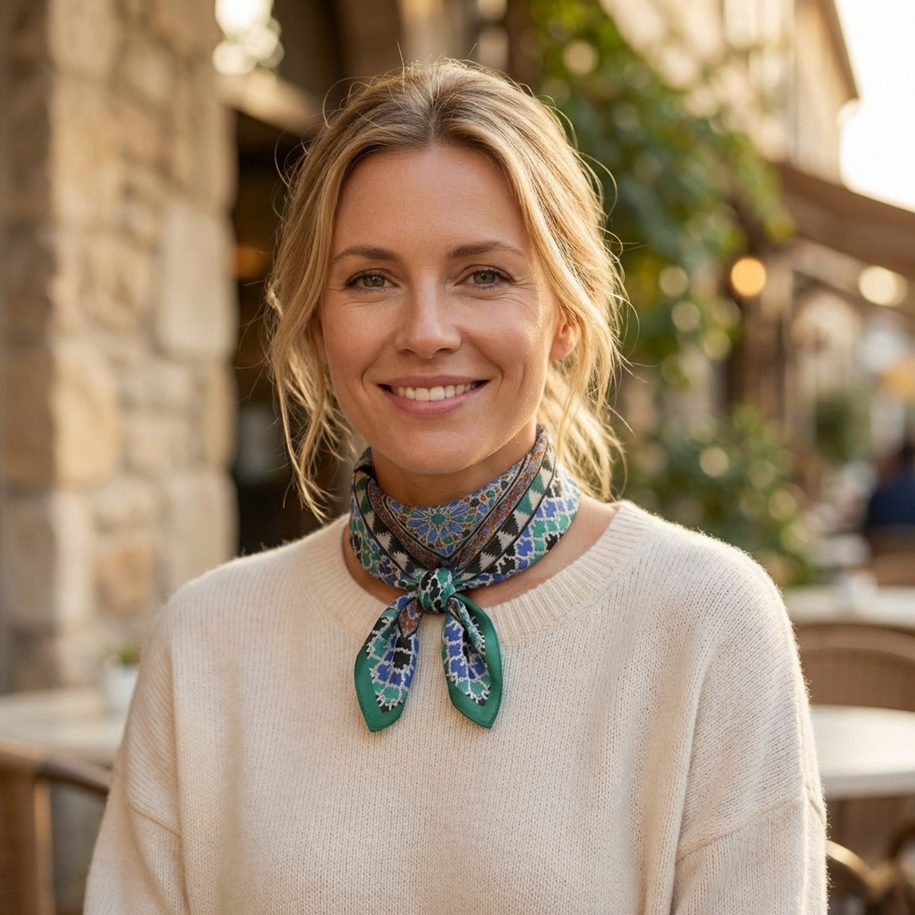 A smiling woman with blonde hair wears a cream sweater and the Alhambra Art Silk Square Scarf while sitting outdoors at a cafe, surrounded by stone walls and greenery.
