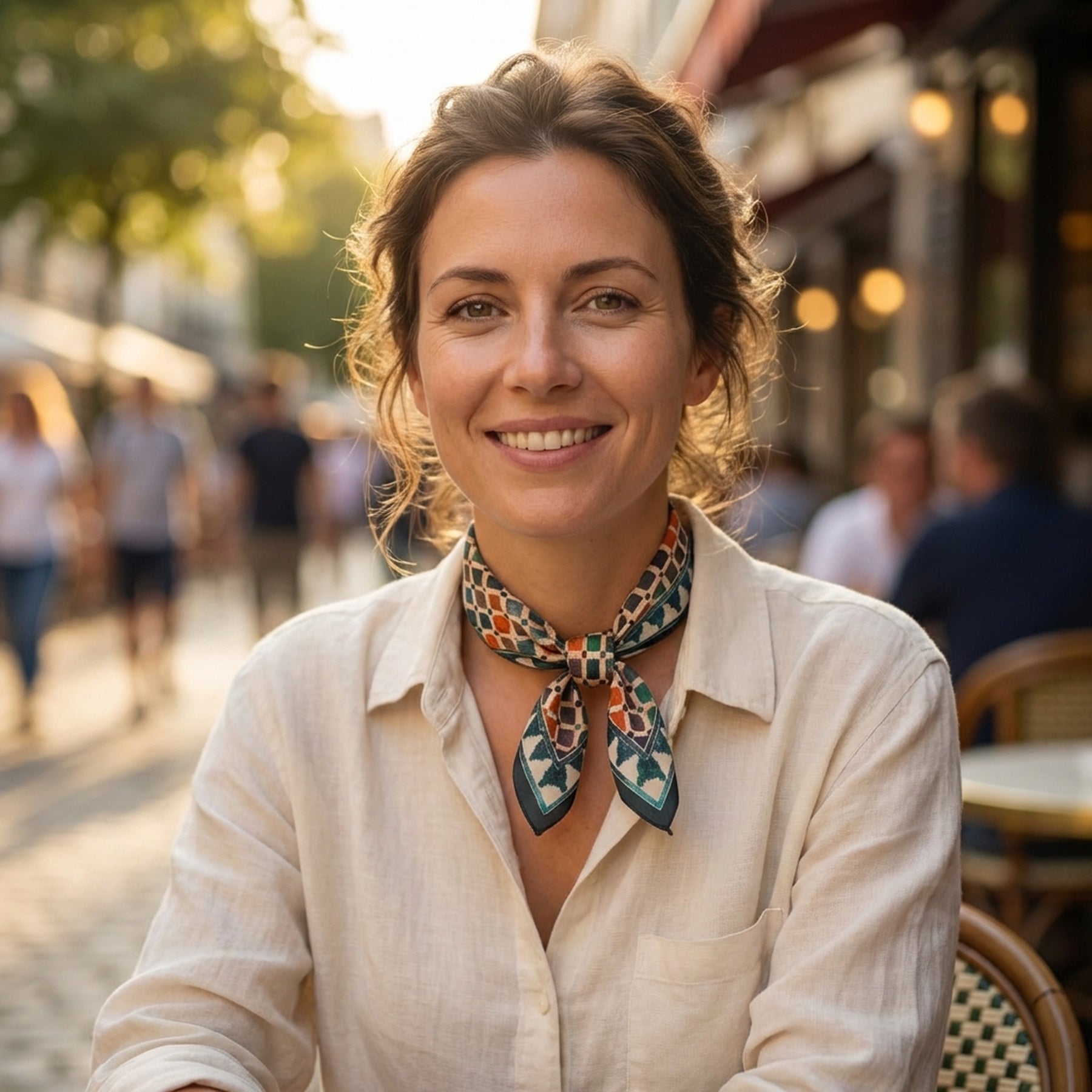 A woman wearing a colorful Square Scarf Comares sits at a table.