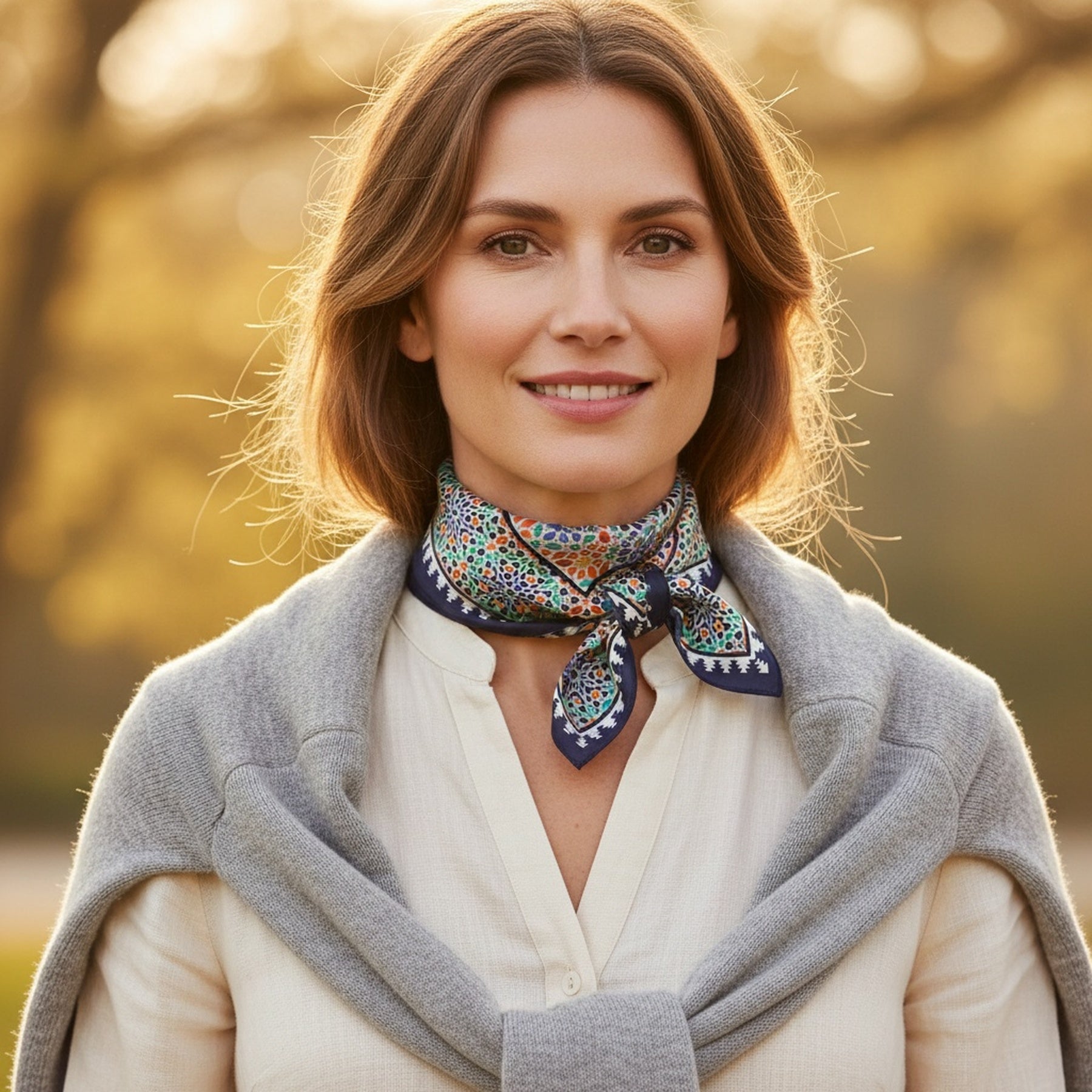 A woman stands outdoors, smiling softly. She wears a light shirt, a gray sweater over her shoulders, and the Square Scarf Blue Madiya tied at her neck. Warm sunlight and blurred trees fill the background.