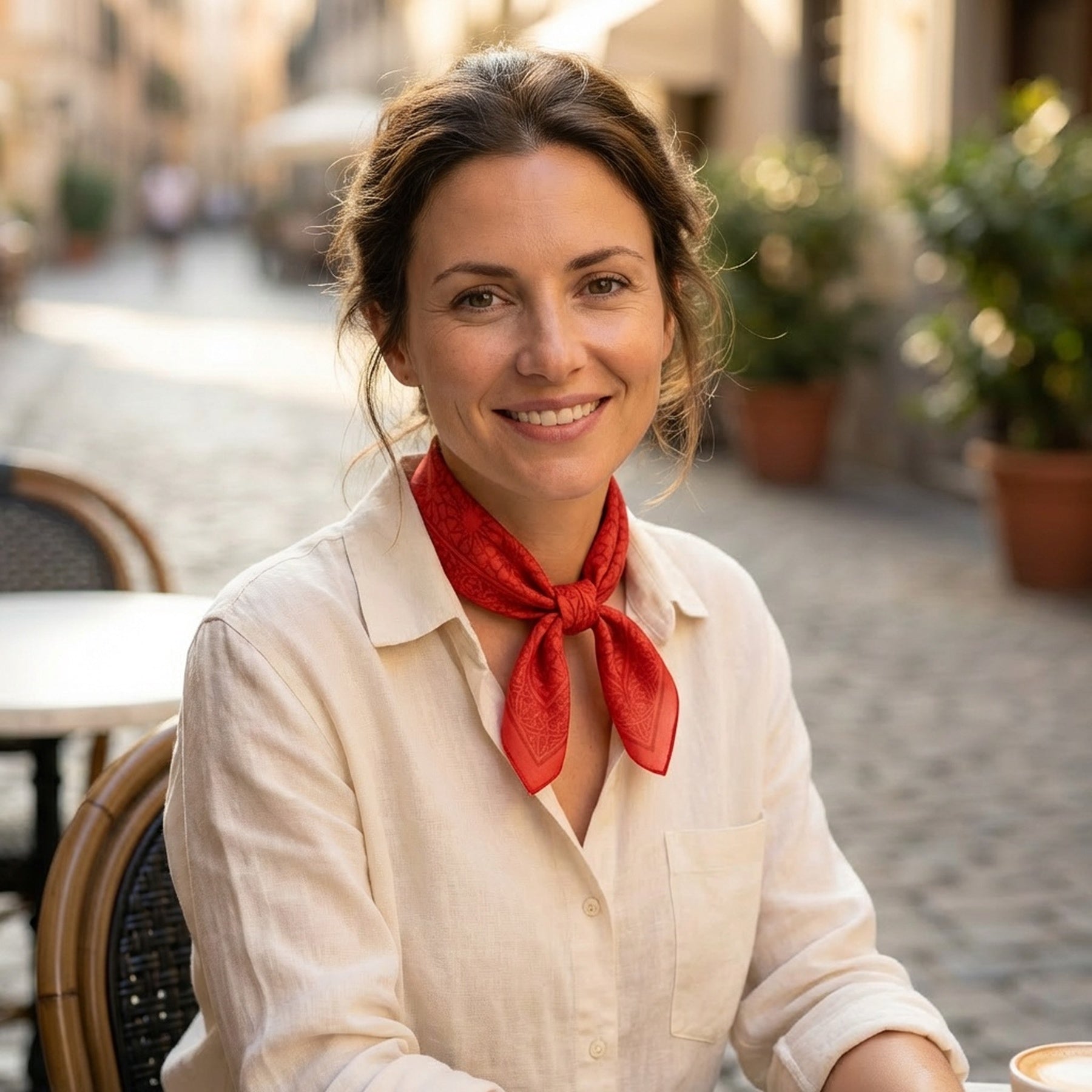 A woman with brown hair tied back, wearing a cream-colored shirt and the Red Square Scarf Dalila v2 (100% silk), smiles while sitting at an outdoor café on a cobblestone street lined with plants and buildings.