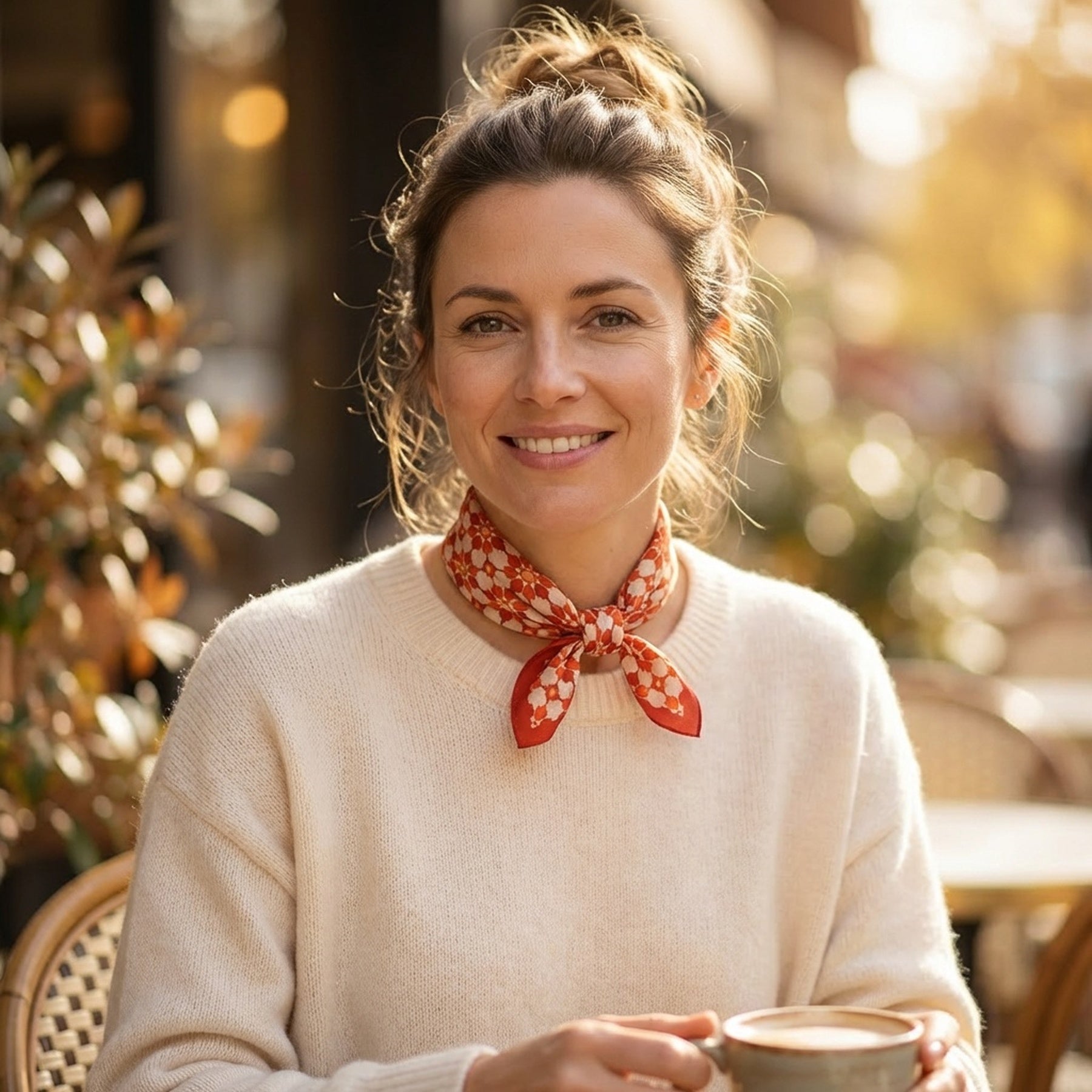 A woman with brown hair in a loose bun, wearing a cream sweater and the Silk Neckerchief Orange Islamic Art Print, smiles while holding a coffee cup at an outdoor café on a sunny day.