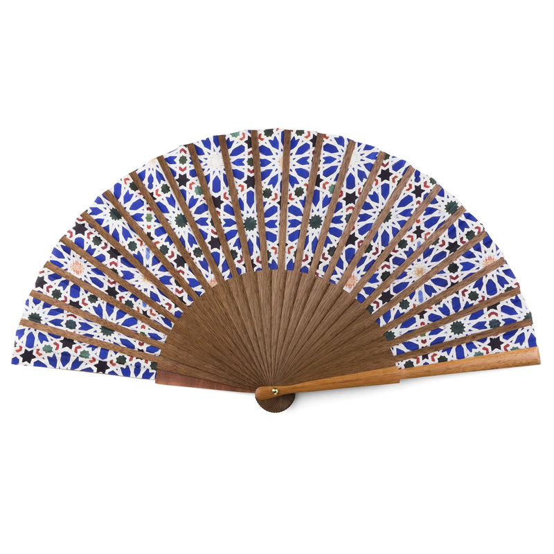 White and blue silk hand fan with brown wood