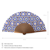 Details of size and composition of a blue and white silk fan inspired by moorish tiles from the Alcazar of Seville