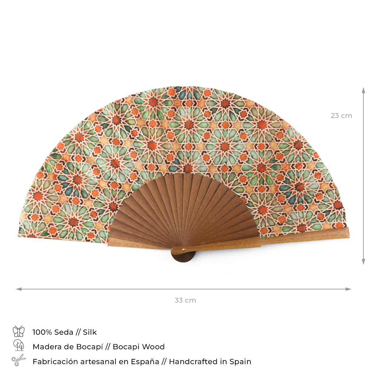 Orange and green silk fan with islamic art inspire print and details like size and composition