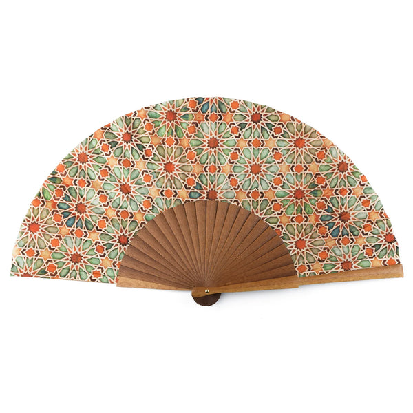 Silk hand fan with green and orange print inspired by Islamic Art geometries
