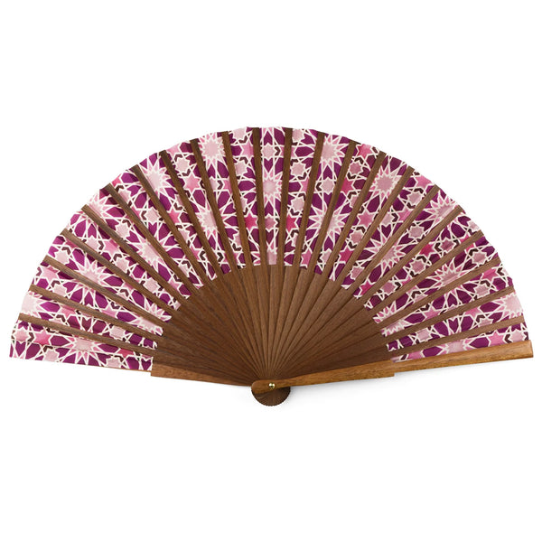 Silk hand fan with wood and pink islamic art pattern