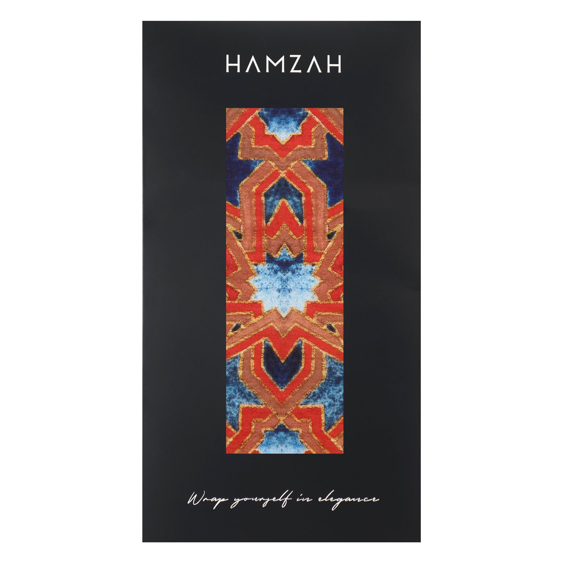 A rectangular package with HAMZAH at the top, a vivid Andalusian-inspired geometric design in red, blue, and orange featuring the Islamic Art Silk Scarf Alcázar Genil in the center, and "Wrap yourself in elegance" at the bottom.